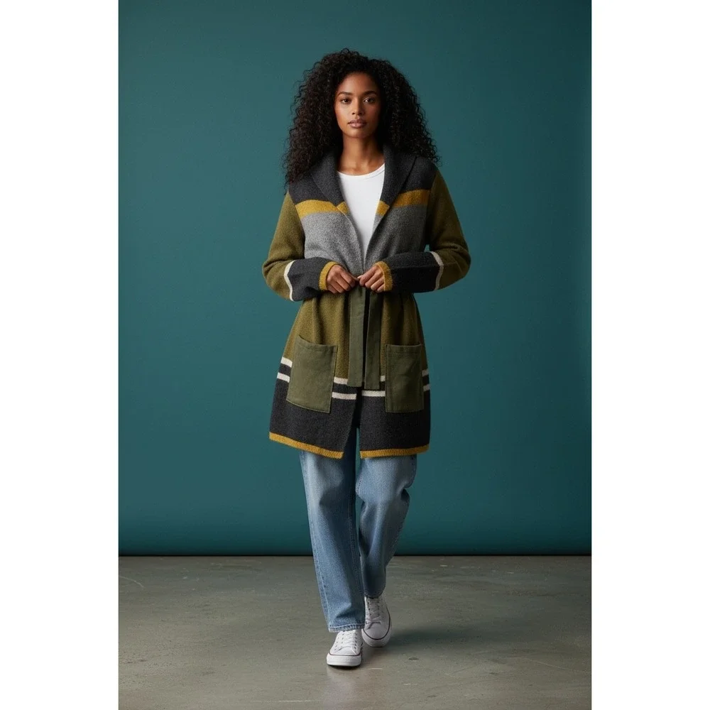 Angel of the North Striped Belted Cardigan Sweater Olive‎ Green Grey Mustard M
